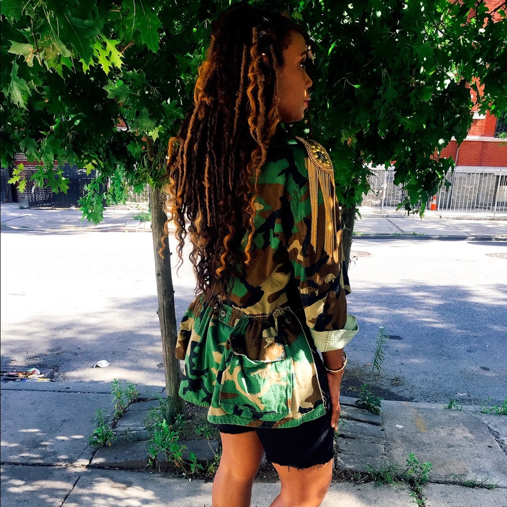 Cropped front/low back distressed Camo Jacket